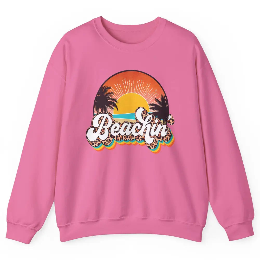 Beachin' Leopard Retro Summer Sunset Beach Lovers Vacation Unisex Crewneck Sweatshirt