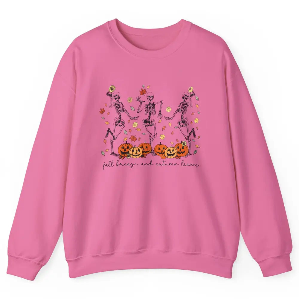 Retro Pumpkin Dancing Skeleton Fall Breeze And Autumn Leaves Unisex Crewneck Sweatshirt