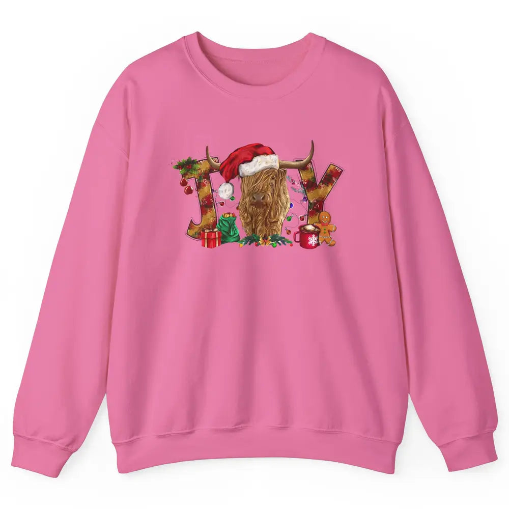 Highland Cow Joy Santa Hat Gingerbread Christmas Farm Gift Unisex Crewneck Sweatshirt