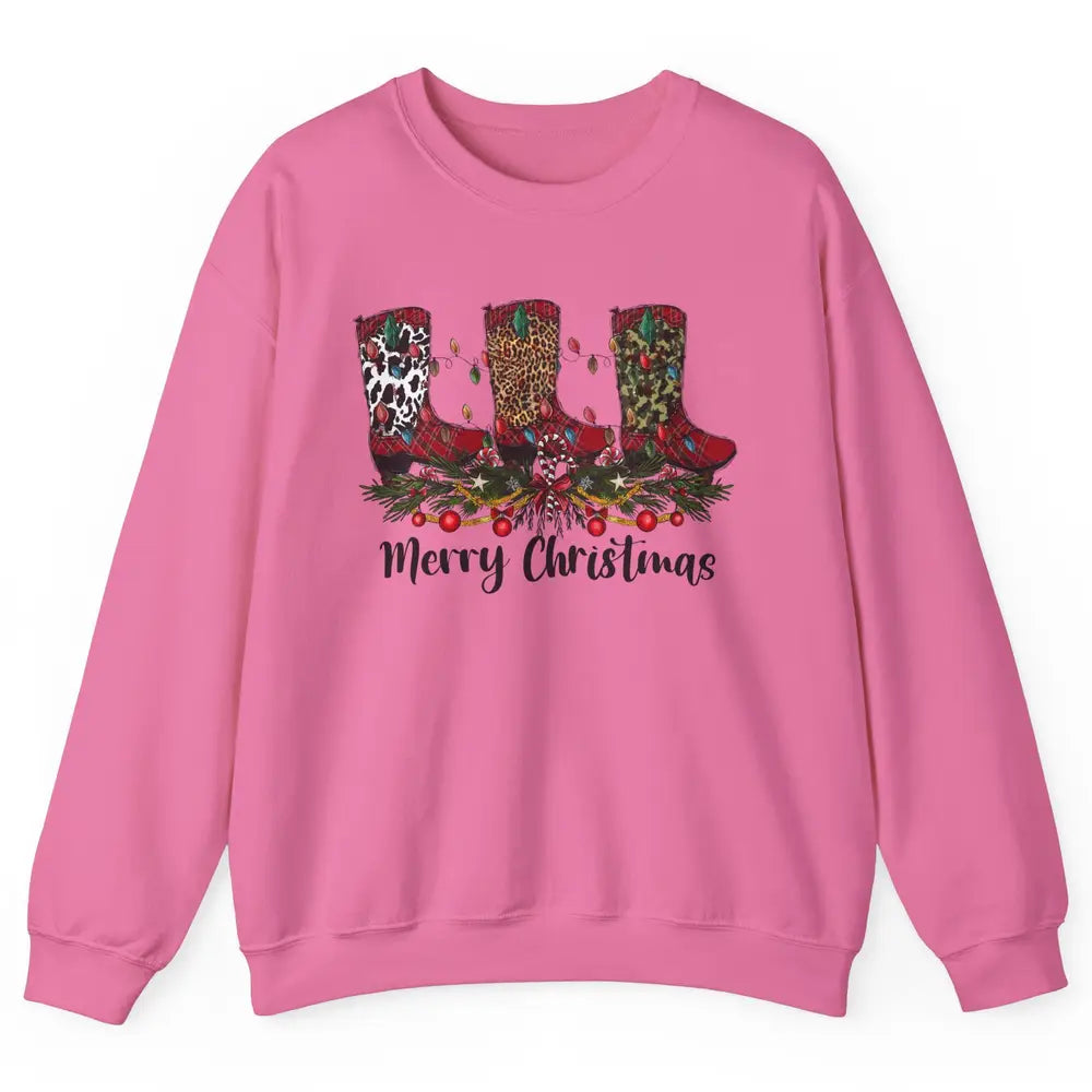 Christmas Cowboy Boots Santa Boots Leopard Western Christmas Unisex Crewneck Sweatshirt