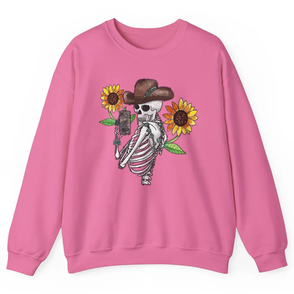 Western Cowboy Hat Skeleton Sunflower Funny Skeleton Selfie Unisex Crewneck Sweatshirt