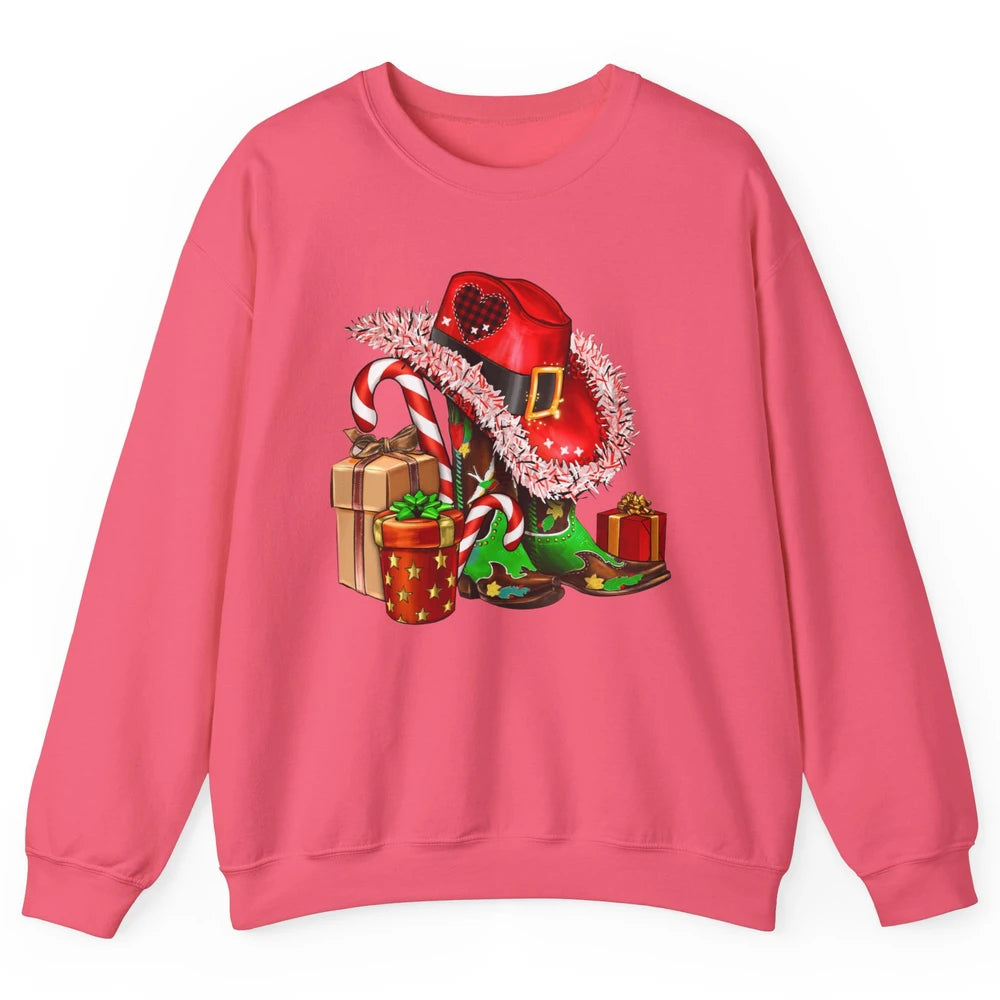 Christmas Western Cowgirl Hat Boots Cute Xmas Cowboy Texas Unisex Crewneck Sweatshirt