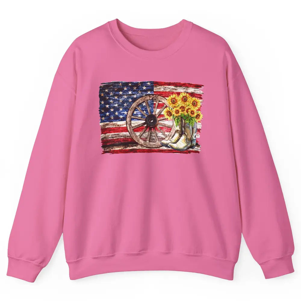 Retro US Flag Sunflower Cowgirl Boots Texas Cowboy Western Unisex Crewneck Sweatshirt