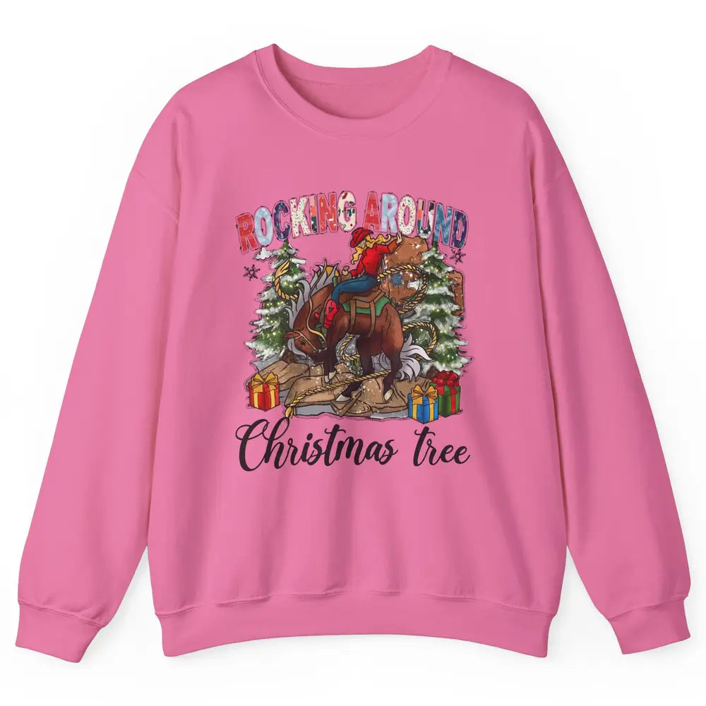 Funny Cowgirl Horsing Rocking Around Christmas Tree Western Unisex Crewneck Sweatshirt