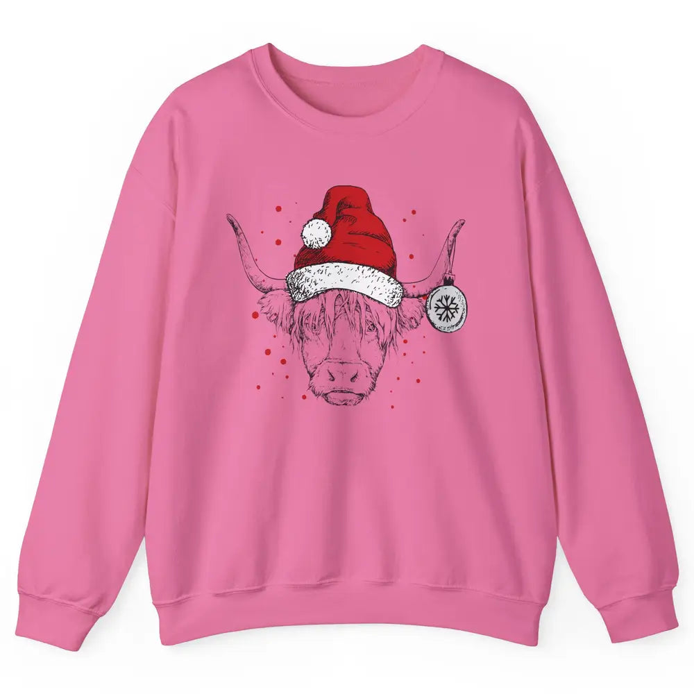 Cute Highland Cow Christmas With Santa Hat Western Xmas Cow Unisex Crewneck Sweatshirt