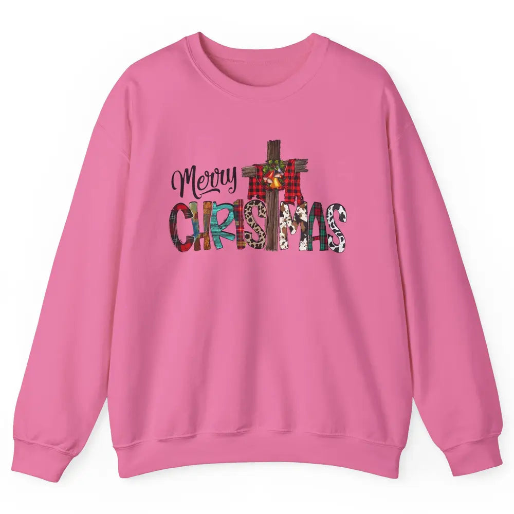 Leopard Jesus Cross Merry Christmas Christian Western Xmas Unisex Crewneck Sweatshirt