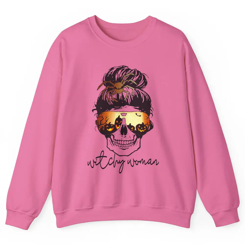 Witchy Woman Messy Bun Hair Skull Halloween Pumpkin Costume Unisex Crewneck Sweatshirt