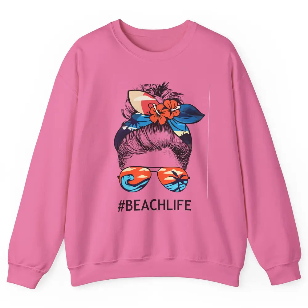 Beach Life Messy Bun Hawaiian Hair Retro Beach Palms Summer Unisex Crewneck Sweatshirt