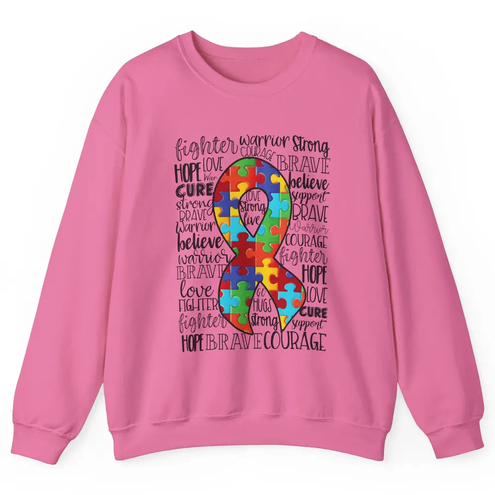 Autism Awareness Puzzles Ribbon Strong Brave Autism Support Unisex Crewneck Sweatshirt