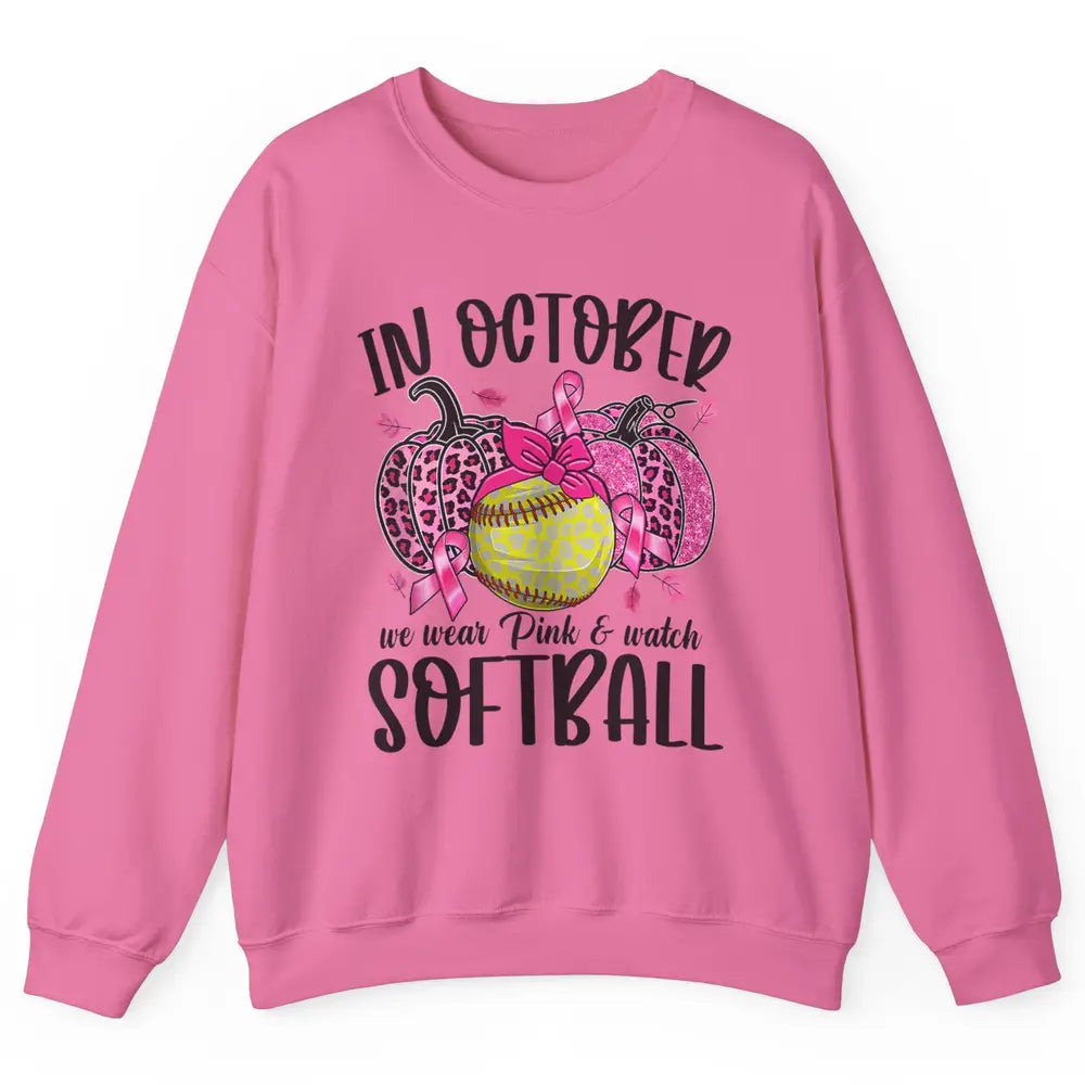 Softball Leopard Pumpkin In October Breast Cancer Awareness Unisex Crewneck Sweatshirt