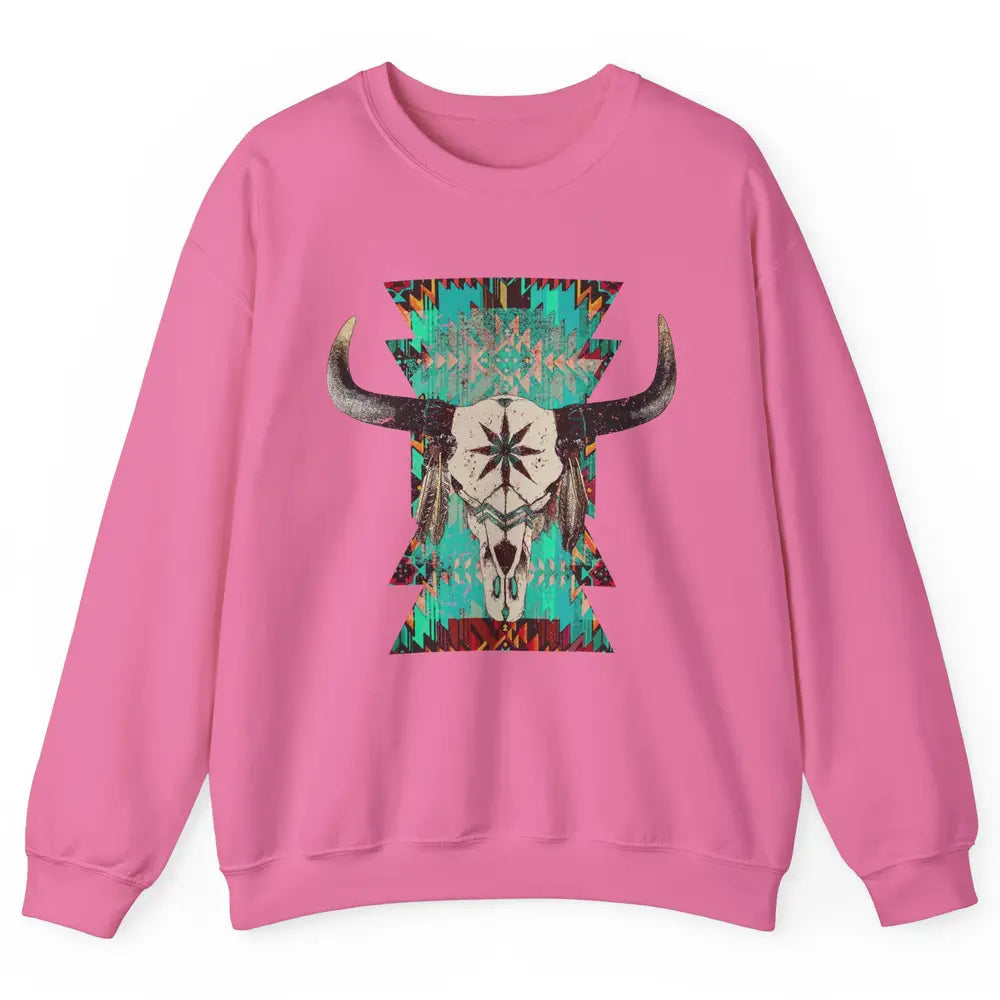 Boho Bull Skull Turquoise Aztec Western Country Rodeo Cowboy Unisex Crewneck Sweatshirt