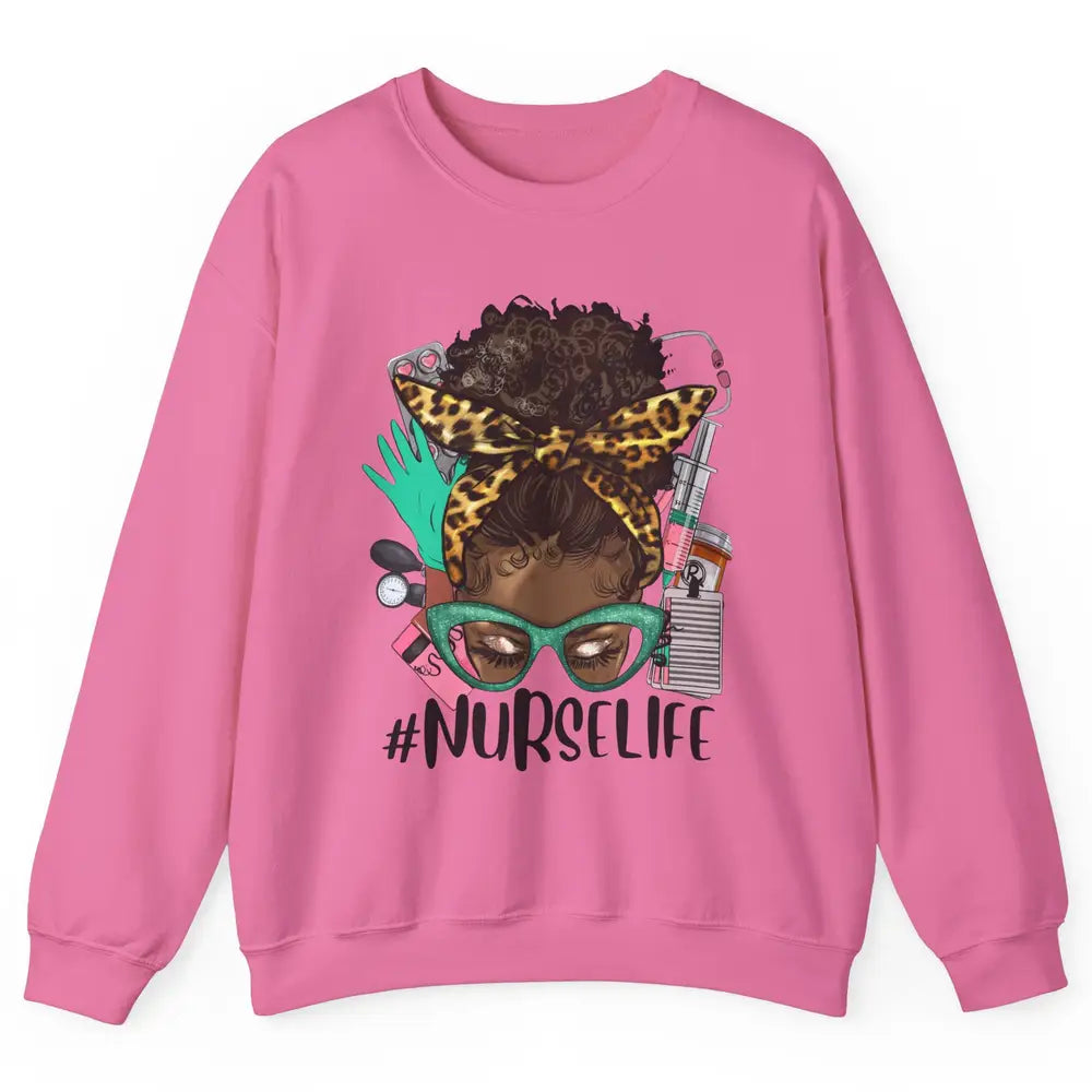 Afro Nurse Messy Bun Hair Black Melanin Nurse Life Leopard Unisex Crewneck Sweatshirt