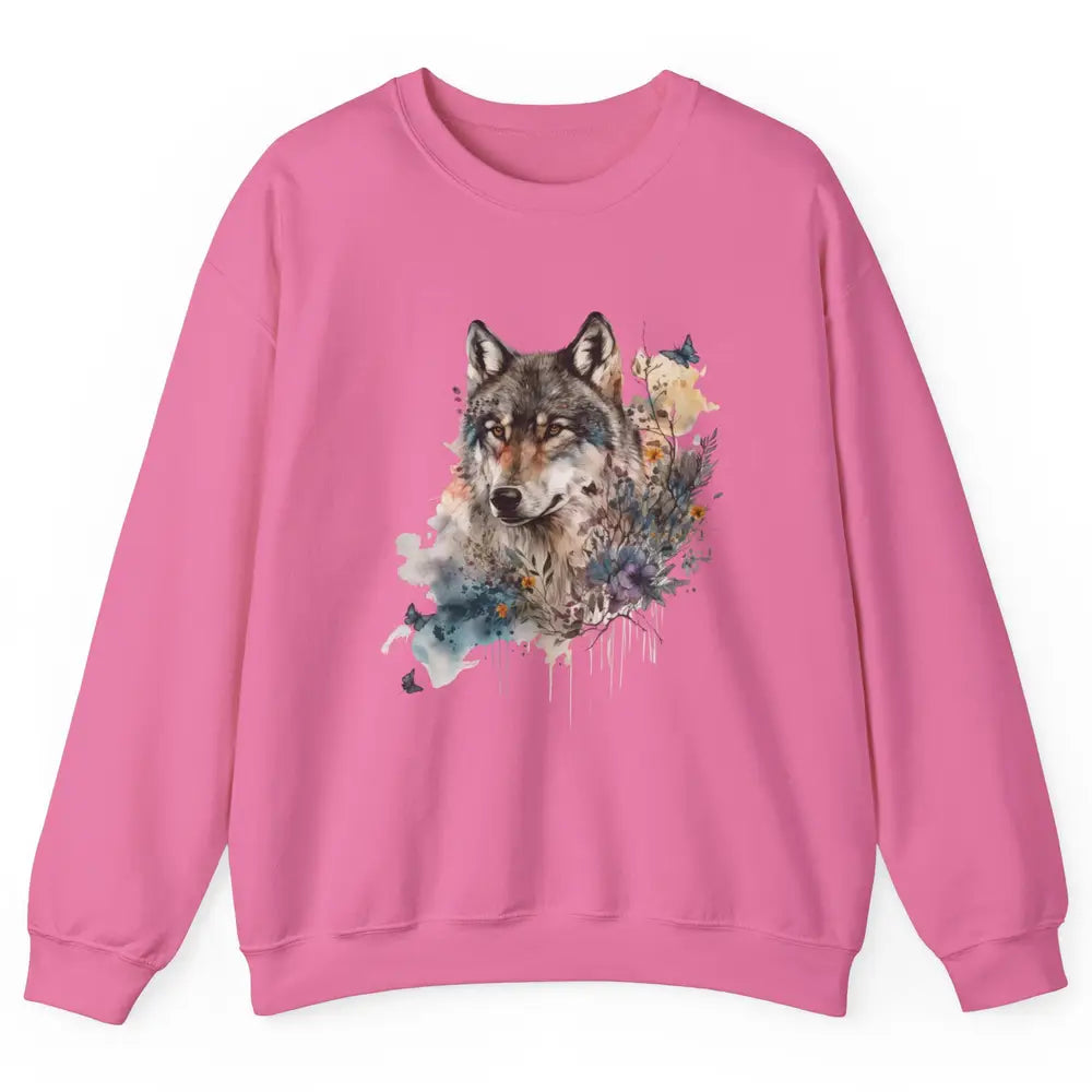 Watercolor Wolf Face Howl Butterfly Wolves Wild Animal Retro Unisex Crewneck Sweatshirt