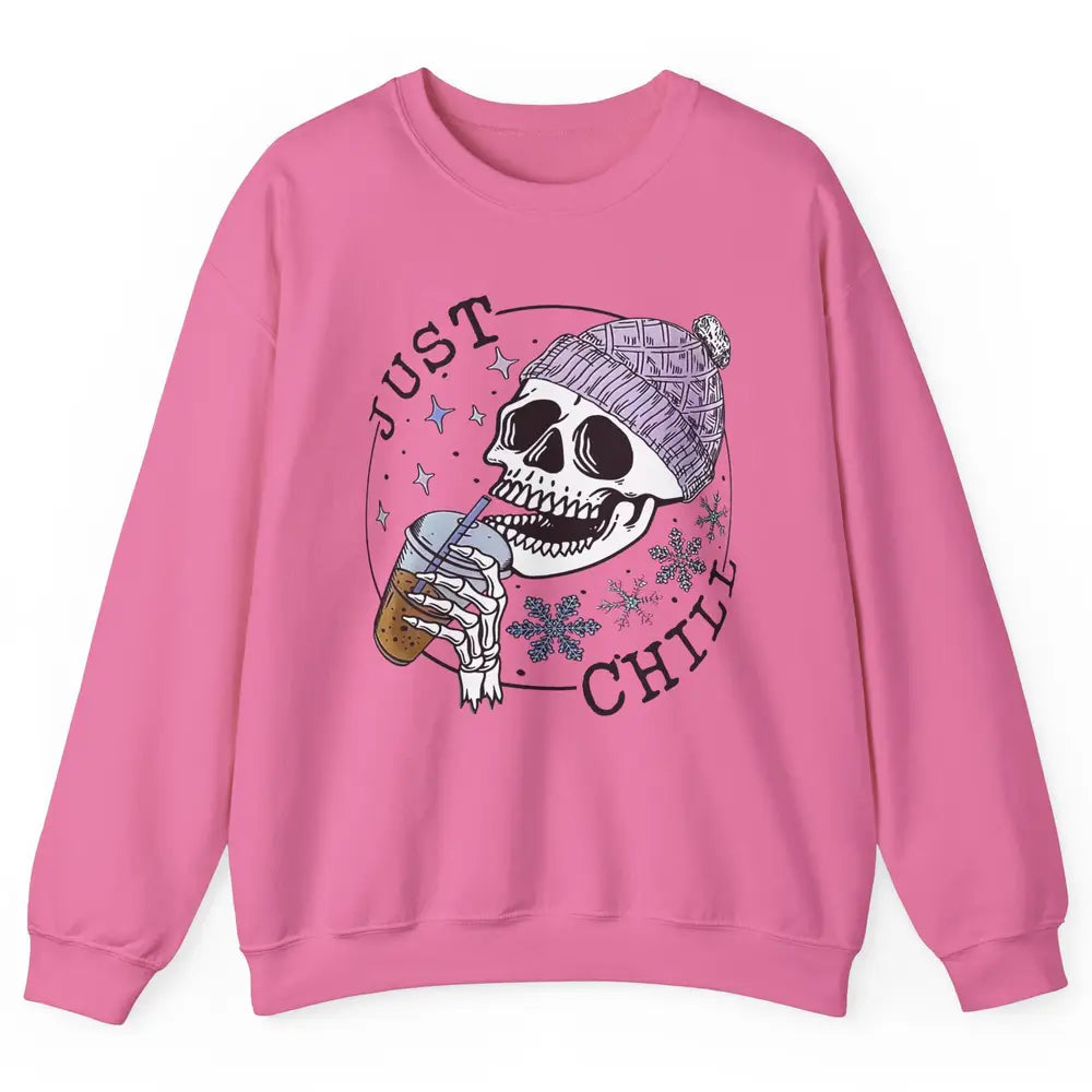 Funny Skeleton Coffee Just Relax Snowflakes Christmas Unisex Crewneck Sweatshirt