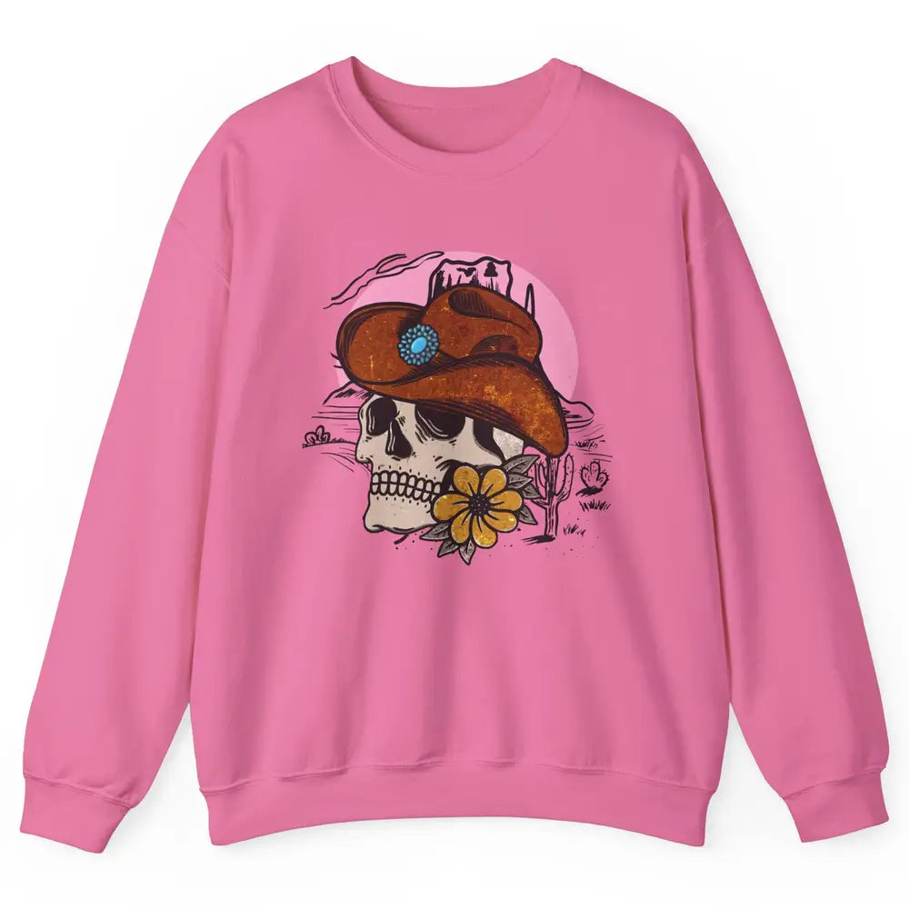 Skull Desert Cactus Cowboy Gemstone Hat Western Country Girl Unisex Crewneck Sweatshirt