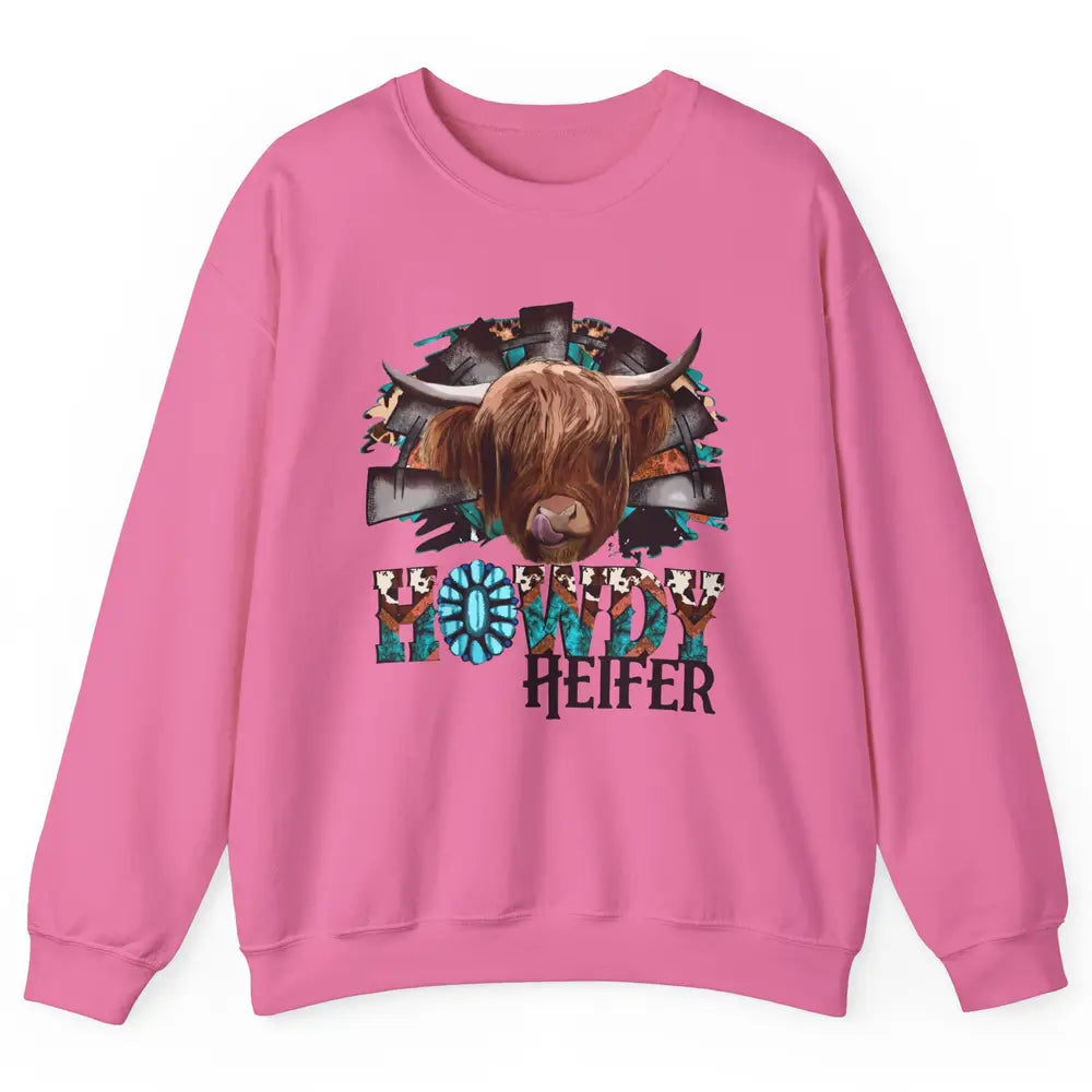 Leopard Highland Cow Howdy Heifer Western Country Cowboy Unisex Crewneck Sweatshirt