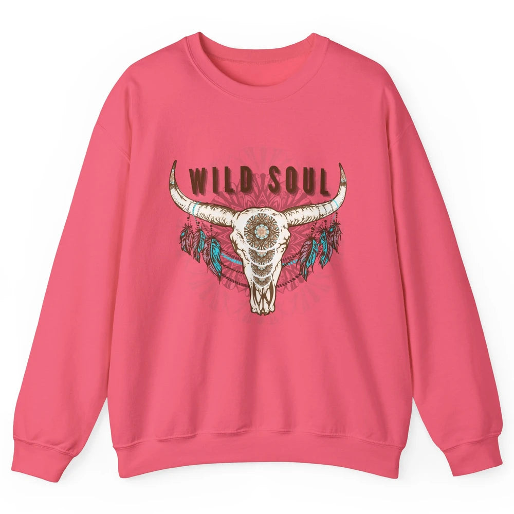 Boho Bull Skull Wild Soul Hippie Cowgirl Western Country Unisex Crewneck Sweatshirt