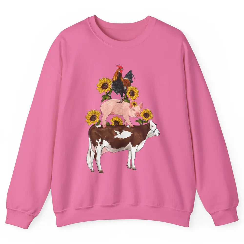 Sunflower Western Farm Life Animals Vegan Cow Pig Rooster Unisex Crewneck Sweatshirt