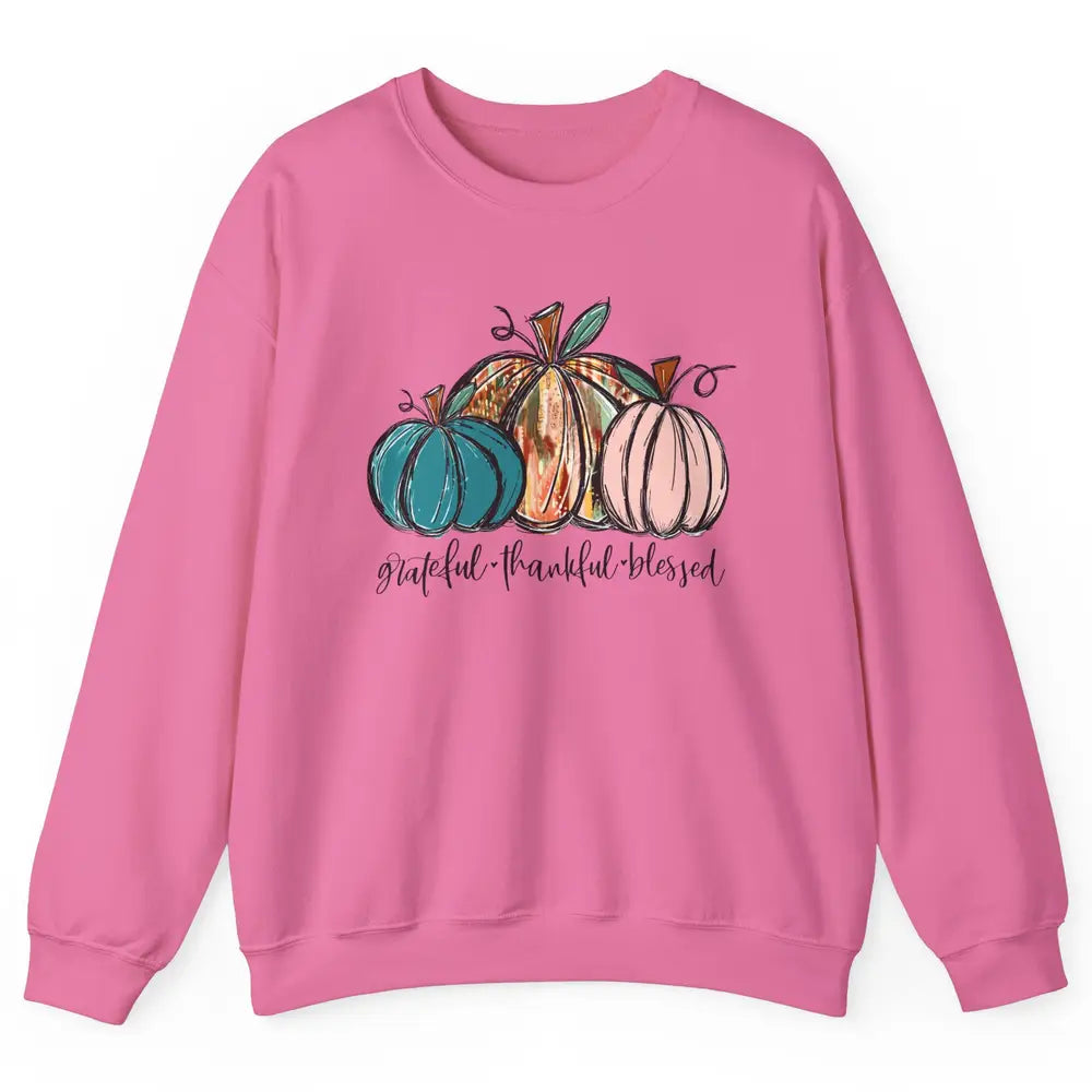 Grateful Thankful Blessed Doodle Pumpkin Fall Thanksgiving Unisex Crewneck Sweatshirt