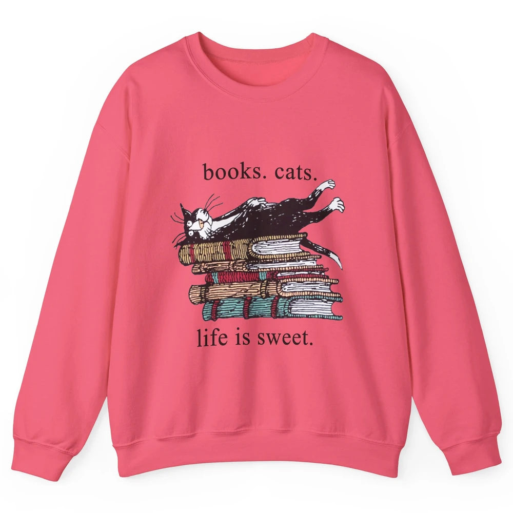 Books Cats Life Is Sweet Cat Book Lovers Reading Book Unisex Crewneck Sweatshirt