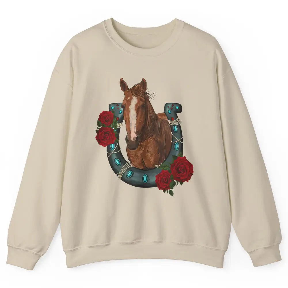 Western Country Texas Cowgirl Floral Horseshoe Horse Riding Unisex Crewneck Sweatshirt