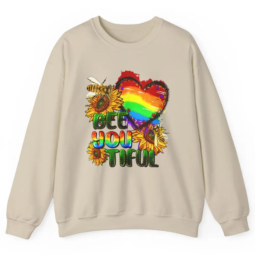 Bee You Tiful Pride Heart Rainbow Sunflower LGBT Pride Month Unisex Crewneck Sweatshirt