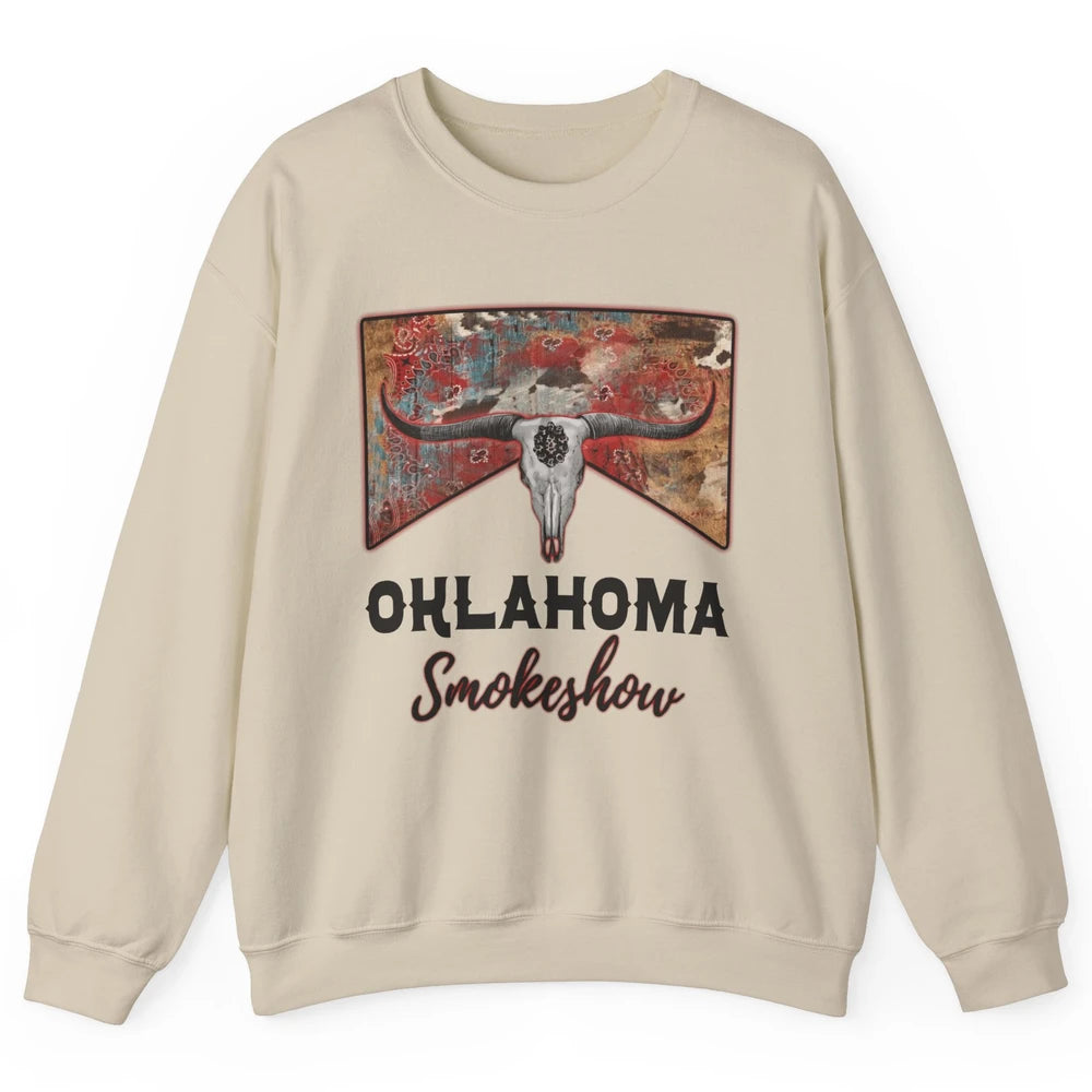 Boho Bull Skull Cow Print Oklahoma Smokeshow Western Country Unisex Crewneck Sweatshirt