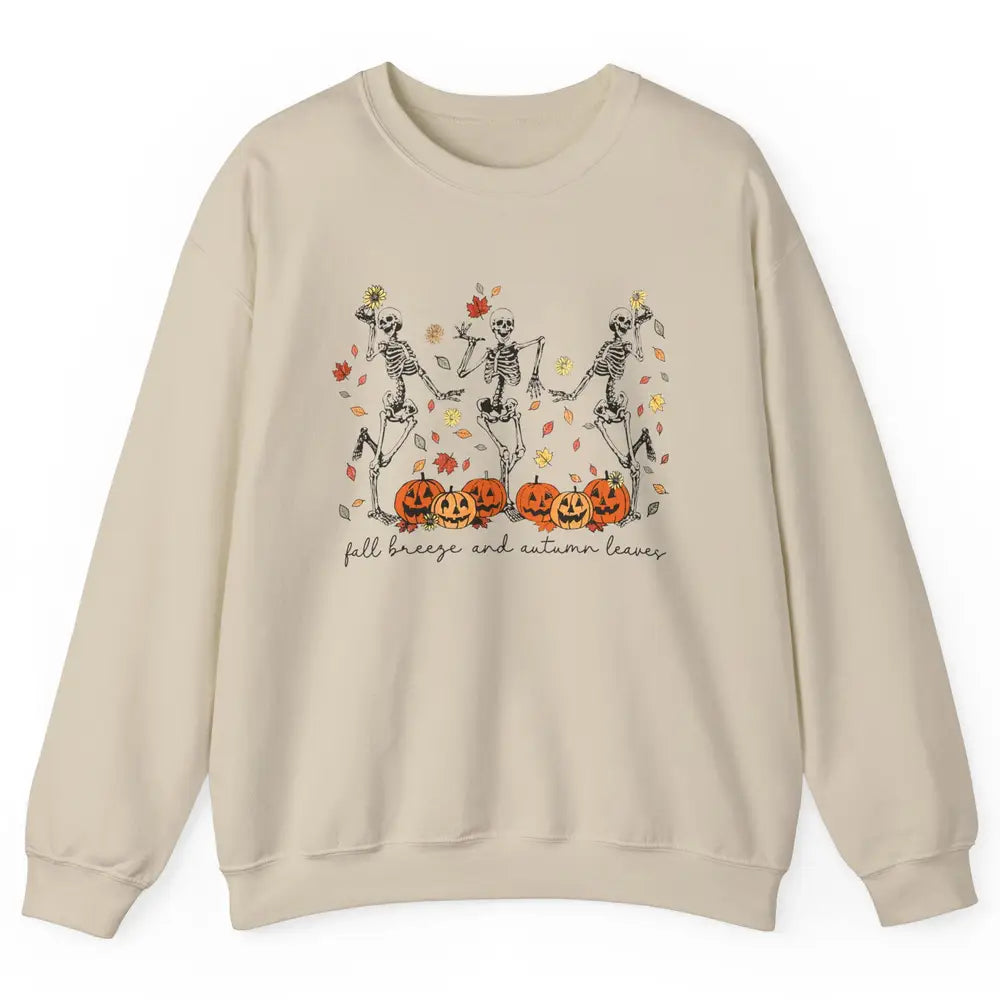 Retro Pumpkin Dancing Skeleton Fall Breeze And Autumn Leaves Unisex Crewneck Sweatshirt