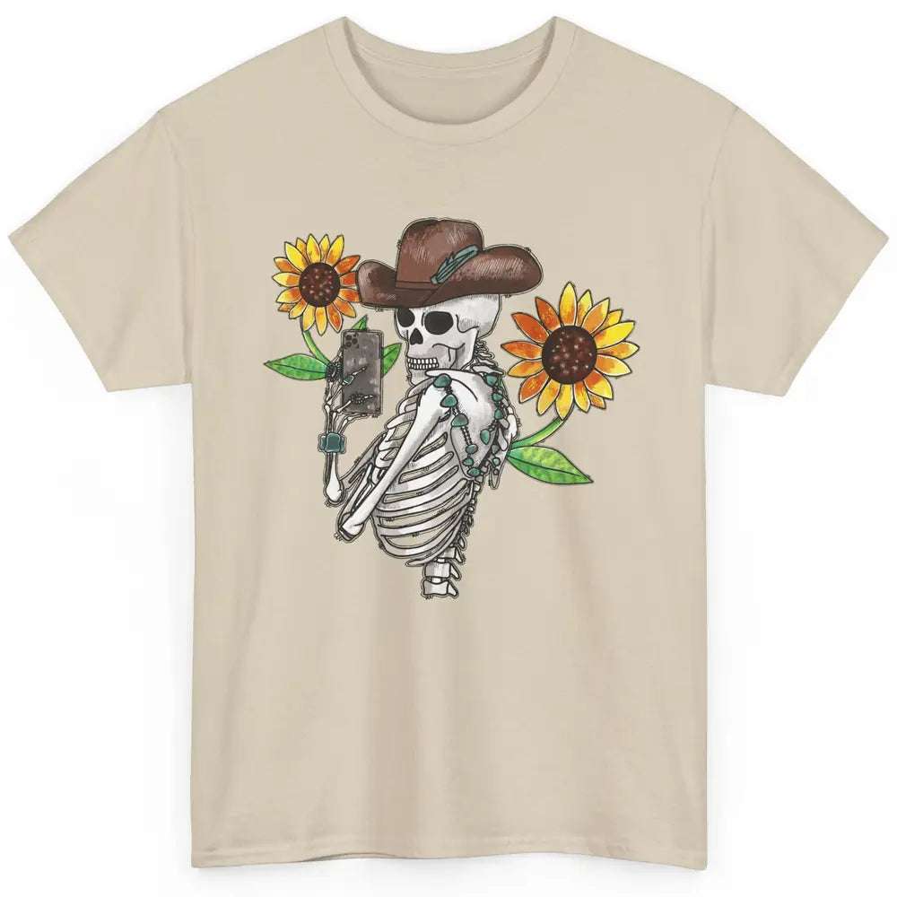 Western Cowboy Hat Skeleton Sunflower Funny Skeleton Selfie Classic Unisex T-Shirt