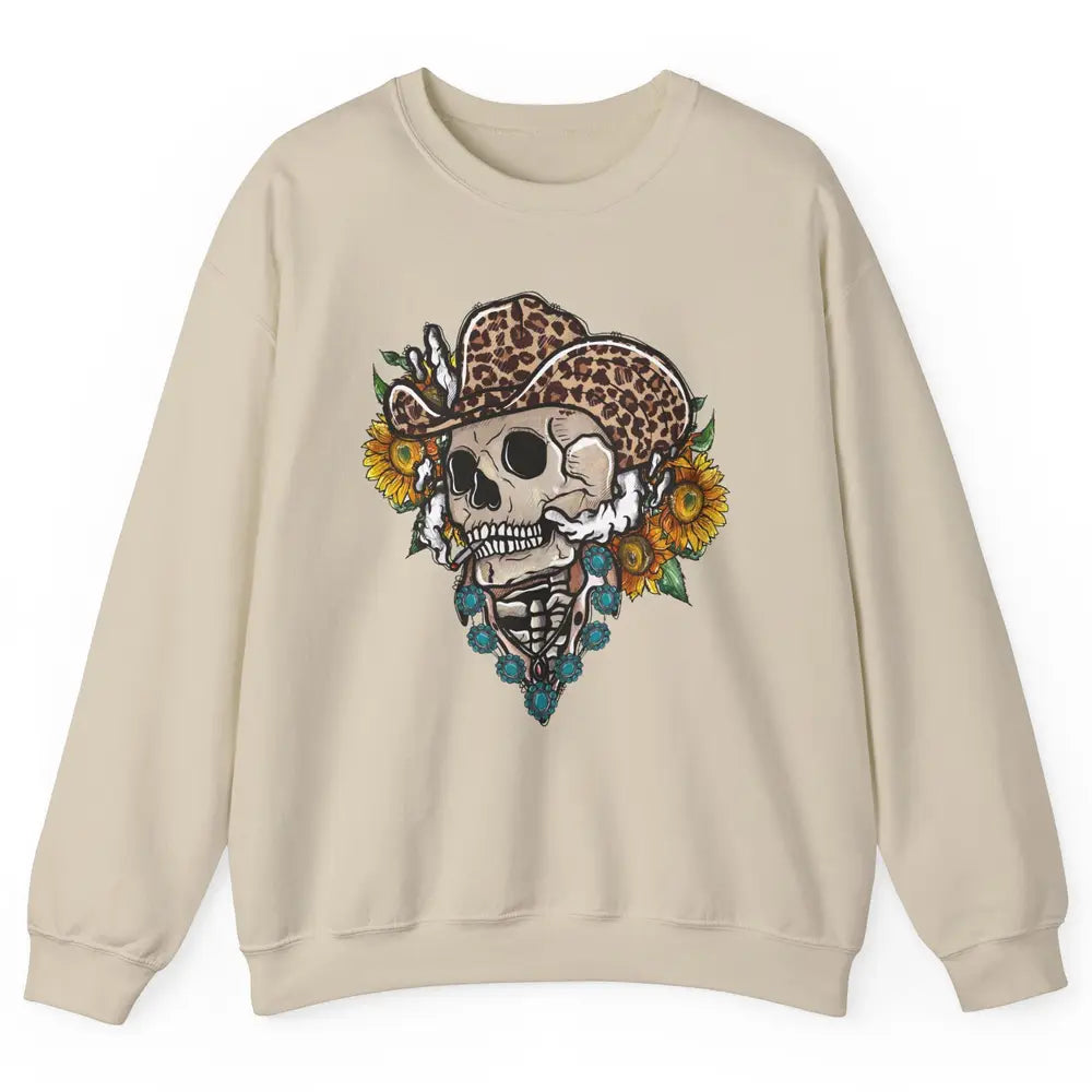 Sunflower Leopard Cowboy Skull Gemstone Western Country Gift Unisex Crewneck Sweatshirt