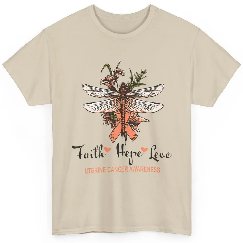 Faith Hope Love Dragonfly Peach Uterine Cancer Awareness Classic Unisex T-Shirt