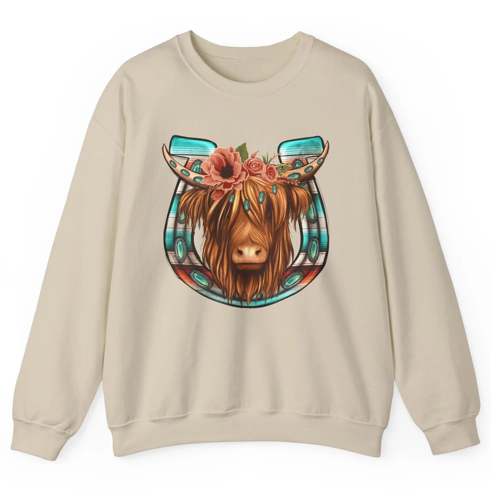 Floral Highland Cow Heifer Horseshoe Western Country Cowboy Unisex Crewneck Sweatshirt