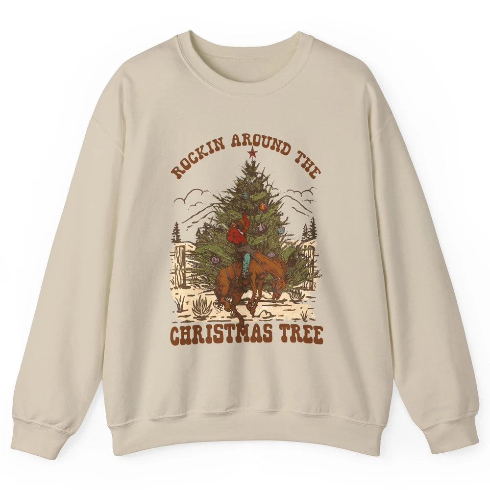 Funny Cowboy Horsing Rocking Around Christmas Tree Western Unisex Crewneck Sweatshirt