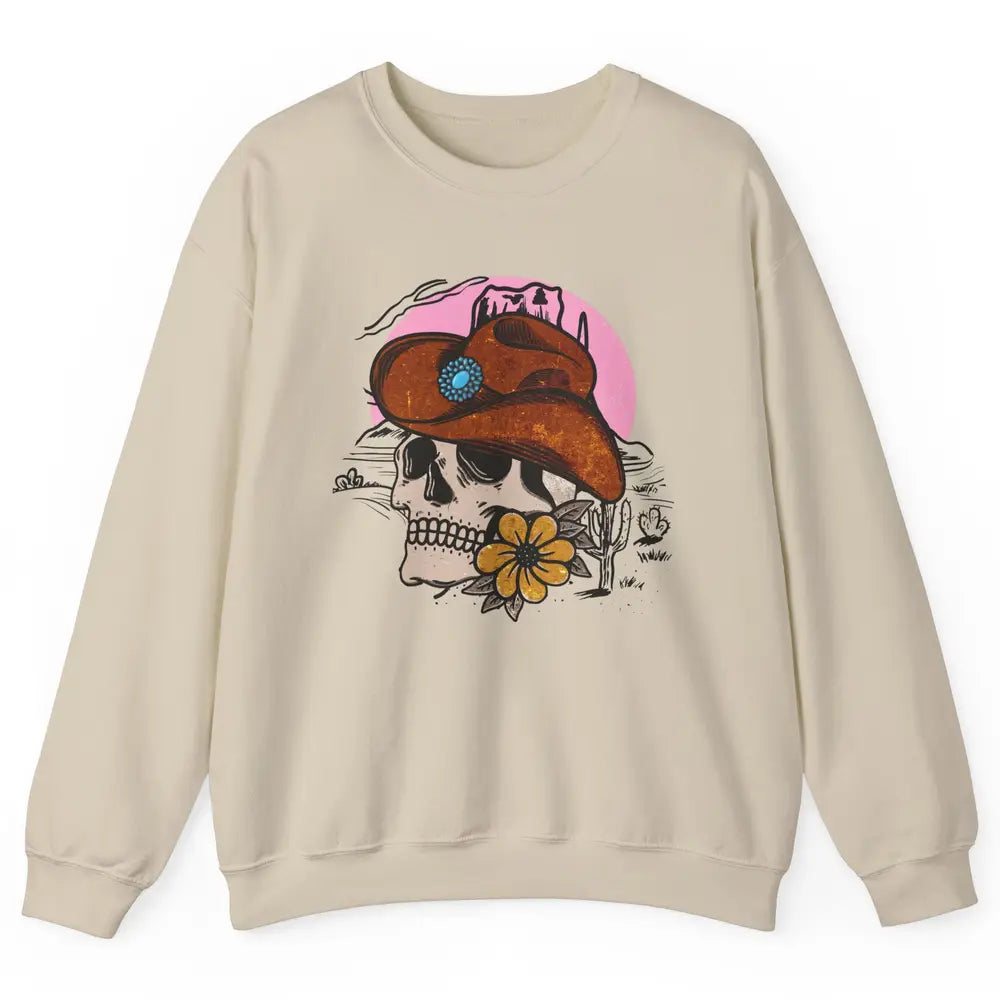 Skull Desert Cactus Cowboy Gemstone Hat Western Country Girl Unisex Crewneck Sweatshirt