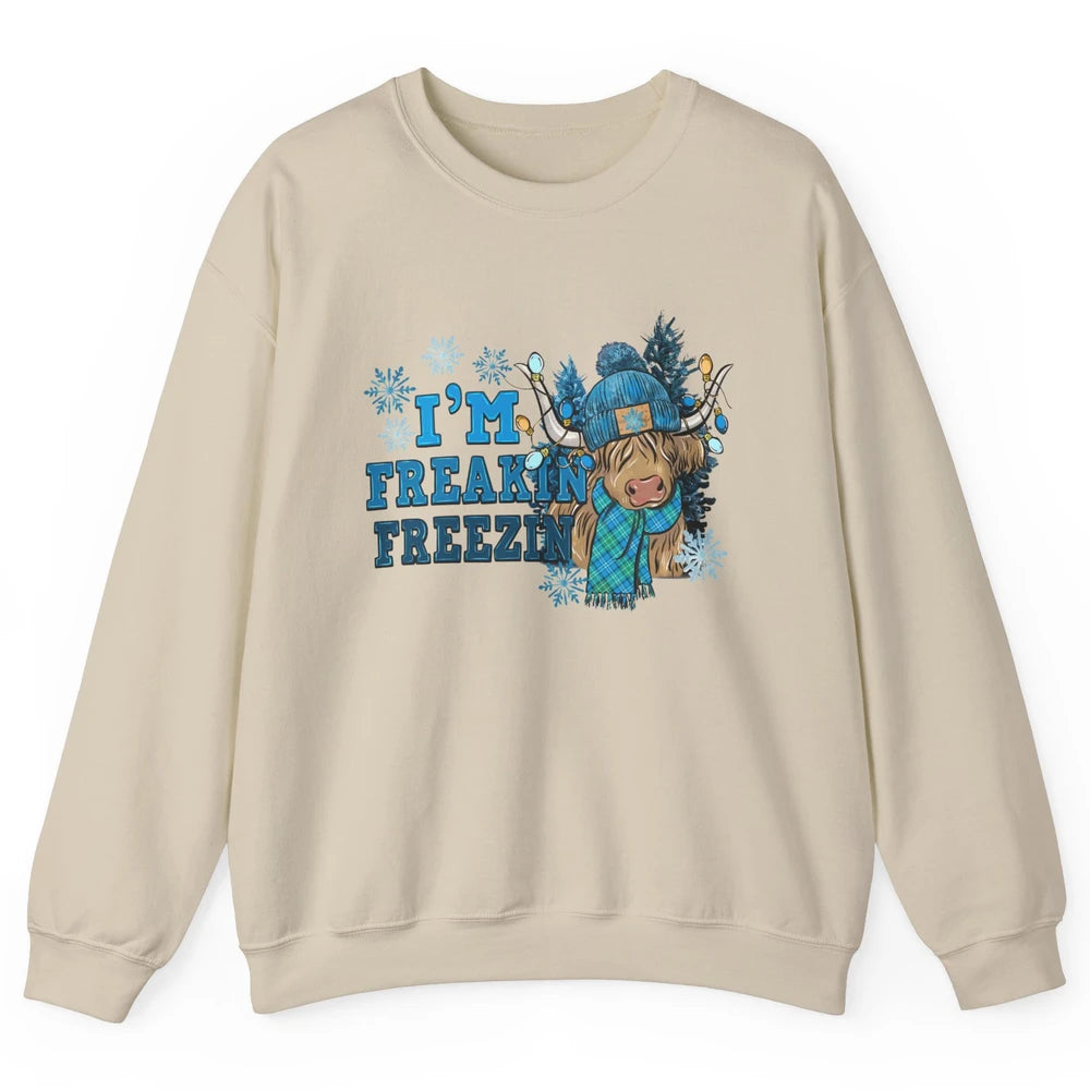 Funny Christmas Highland Cow I'm Freaking Freezing Western Unisex Crewneck Sweatshirt