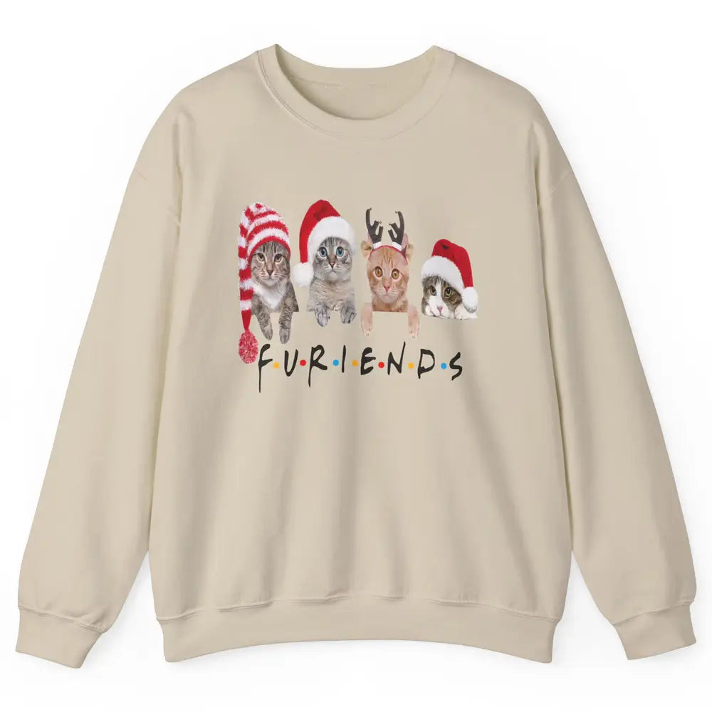 Funny Cat Furiends Merry Christmas Hat Santa Cat Lovers Gift Unisex Crewneck Sweatshirt