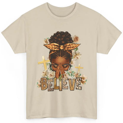 Floral Leopard Afro Messy Bun Believe Christian Religious Classic Unisex T-Shirt