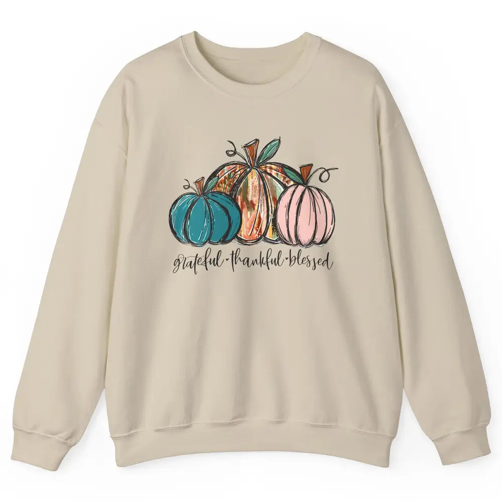 Grateful Thankful Blessed Doodle Pumpkin Fall Thanksgiving Unisex Crewneck Sweatshirt