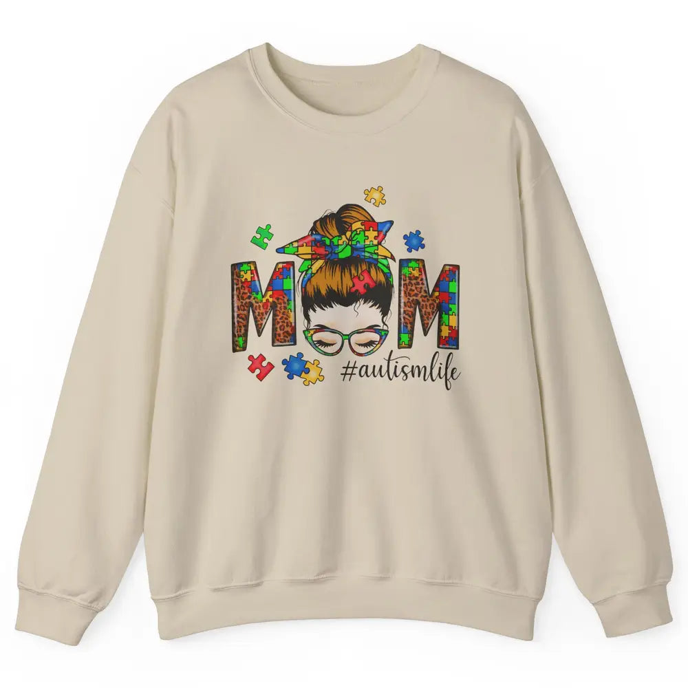 Autism Mom Messy Bun Hair Autism Leopard Puzzle Bandana Unisex Crewneck Sweatshirt