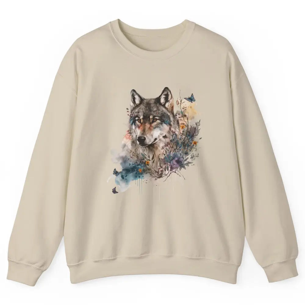 Watercolor Wolf Face Howl Butterfly Wolves Wild Animal Retro Unisex Crewneck Sweatshirt