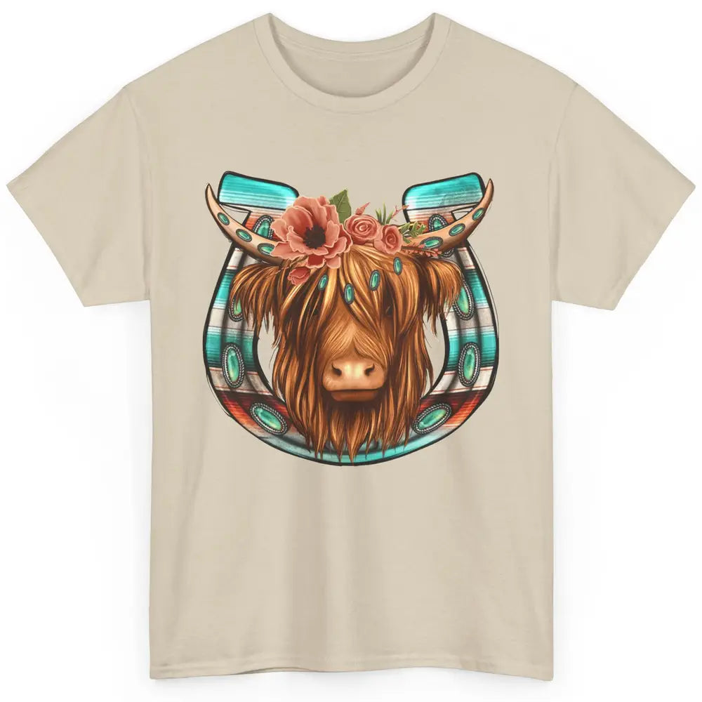 Floral Highland Cow Heifer Horseshoe Western Country Cowboy Classic Unisex T-Shirt