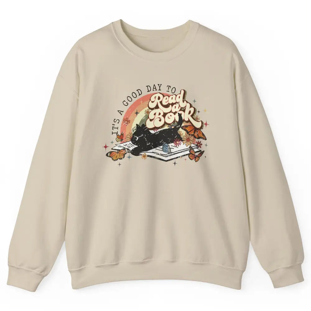 Retro Vintage Black Cat Its A Good Day To Read A Book Reader Unisex Crewneck Sweatshirt