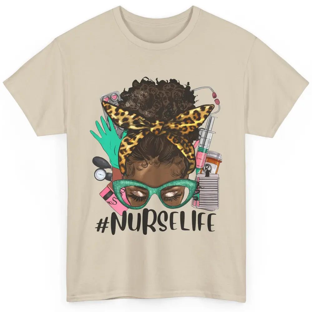 Afro Nurse Messy Bun Hair Black Melanin Nurse Life Leopard Classic Unisex T-Shirt