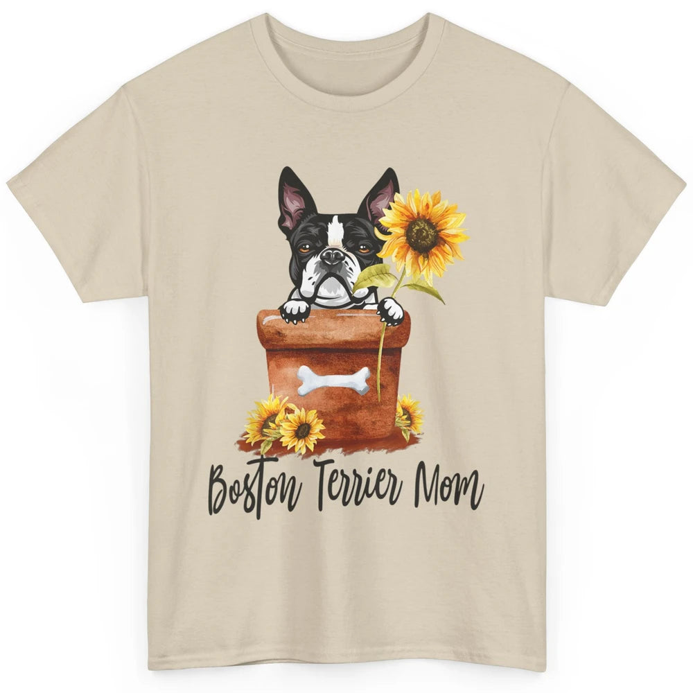 Funny Boston Terrier Dog Face Sunflowers Puppy Dog Mom Mama Classic Unisex T-Shirt