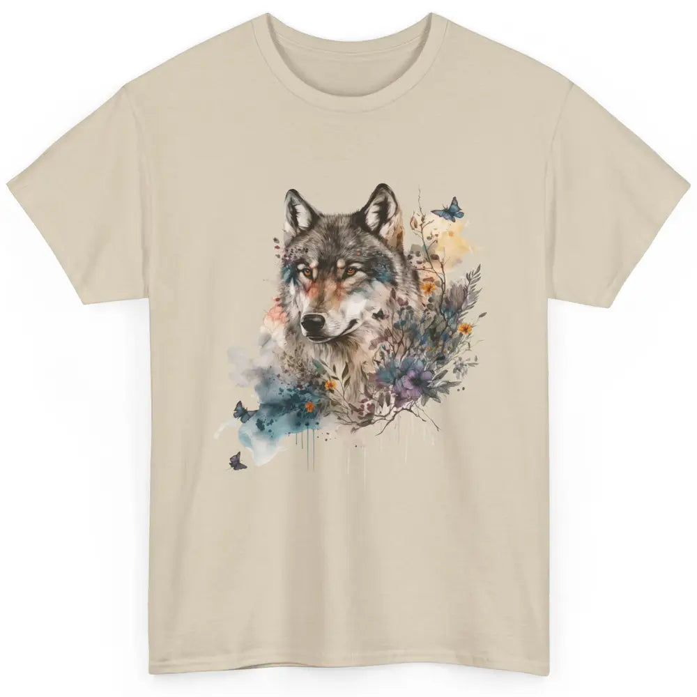 Watercolor Wolf Face Howl Butterfly Wolves Wild Animal Retro Classic Unisex T-Shirt