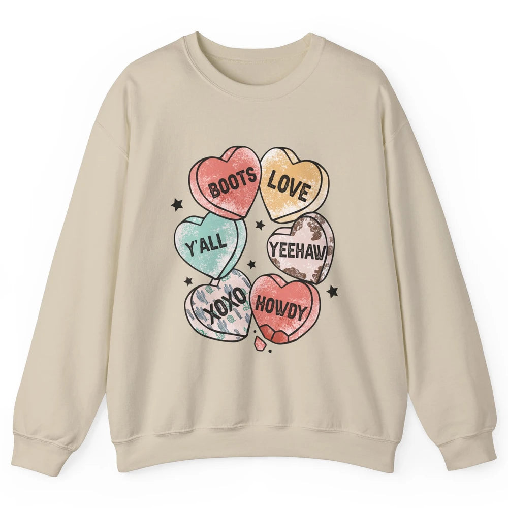 XOXO Love Cowboy Boots Howdy Cowgirl Hearts Western Country Happy Valentine's Day Yeehaw Vintage Cactus Unisex Crewneck Sweatshirt