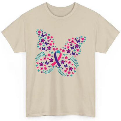 Floral Butterfly Teal Pink Warrior Thyroid Cancer Awareness Classic Unisex T-Shirt