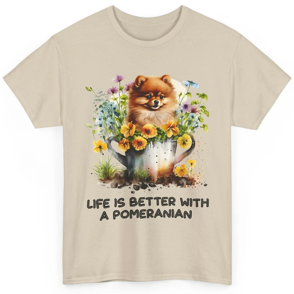 Cute Pomeranian Puppy Flowers Life Is Better With Pomeranian Classic Unisex T-Shirt