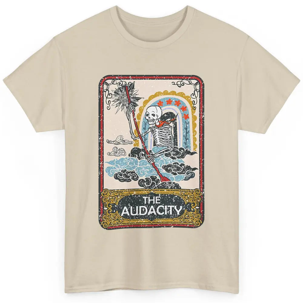 Retro Skeleton Riding Clouds Rainbow The Audacity Tarot Card Classic Unisex T-Shirt