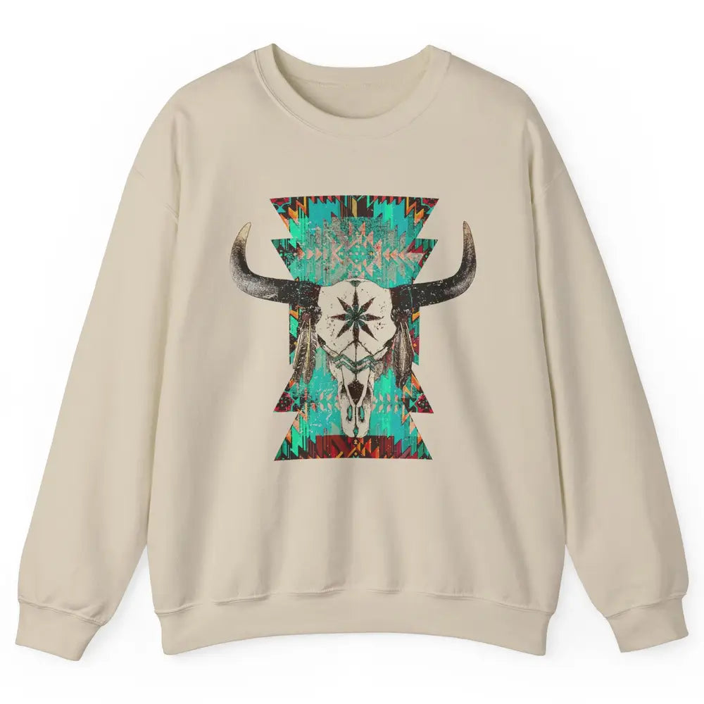 Boho Bull Skull Turquoise Aztec Western Country Rodeo Cowboy Unisex Crewneck Sweatshirt